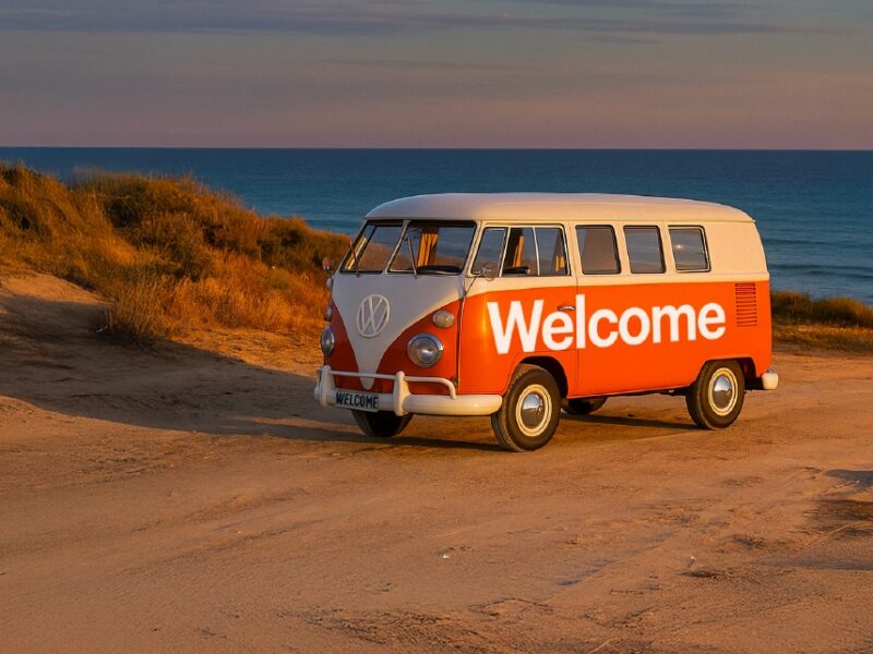 Orange and white kombi camper van parked on a sand dune